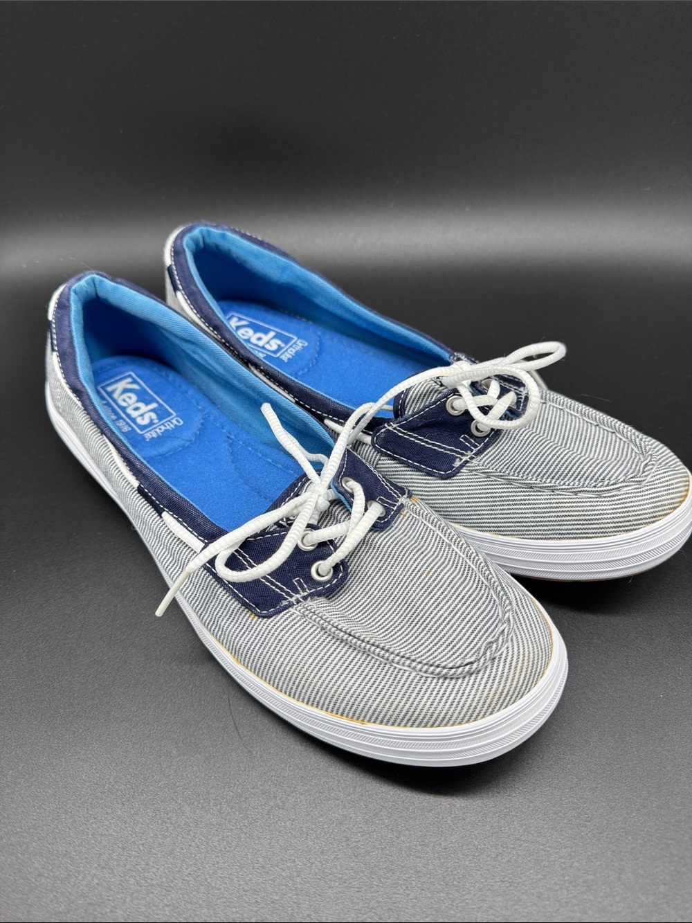 Keds Women's Striped Canvas Boat Shoes Navy White Sz 9.5